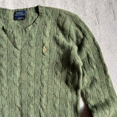 Polo Ralph Lauren Green Olive Women Cable Knit Sweater Wool Cashmere Size M - Picture 2 of 10