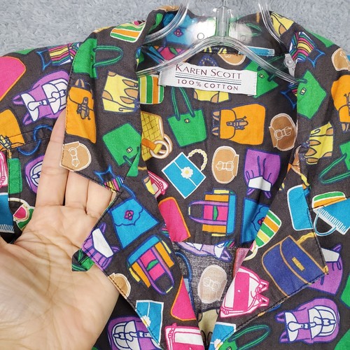 Vtg 80s Karen Scott Womens Button Up Shirt Sz L Black Purse Handbag Print Cotton - Picture 2 of 22