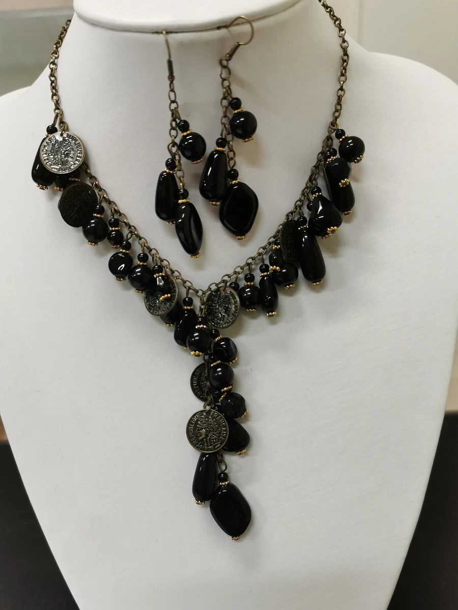 Women Fashion Party Beaded Long Dangle Necklace Earrings Jewelry Black Colour