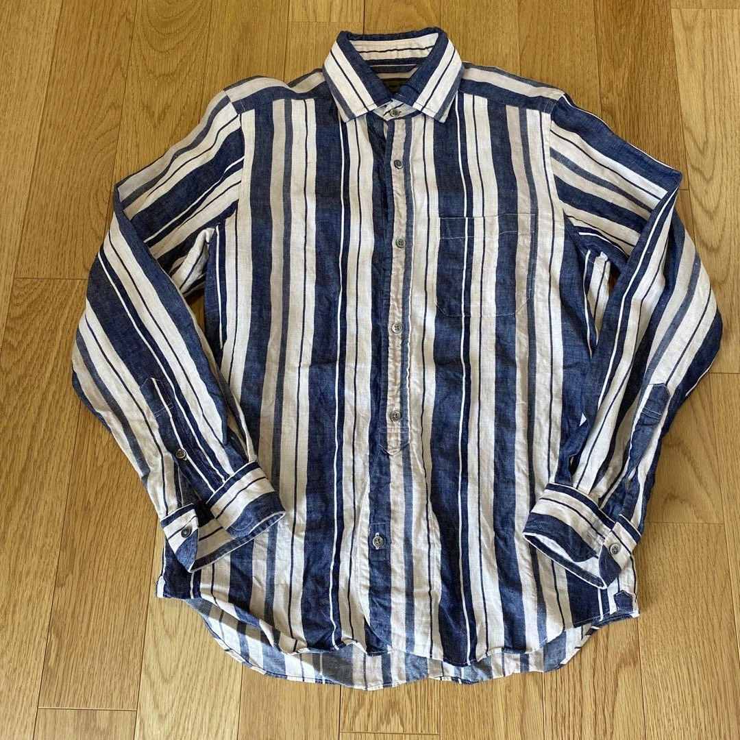 Nigel Cabourn BRITISH OFFICERS SHIRT Stripe Linen Size 48 Used From Japan