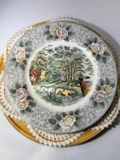 Adams Currier & Ives Lithography 10 3/8" Woodcock Collector Plate Hunting Dog