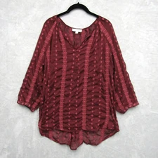 Olive & Oak  Top Size 1X Red Embroidered Sheer Split Neck Blouse Boho Holiday