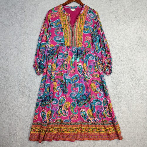 World Market Maxi Dress Women's S/M Pink Paisley Print Puff Sleeve Shift Boho