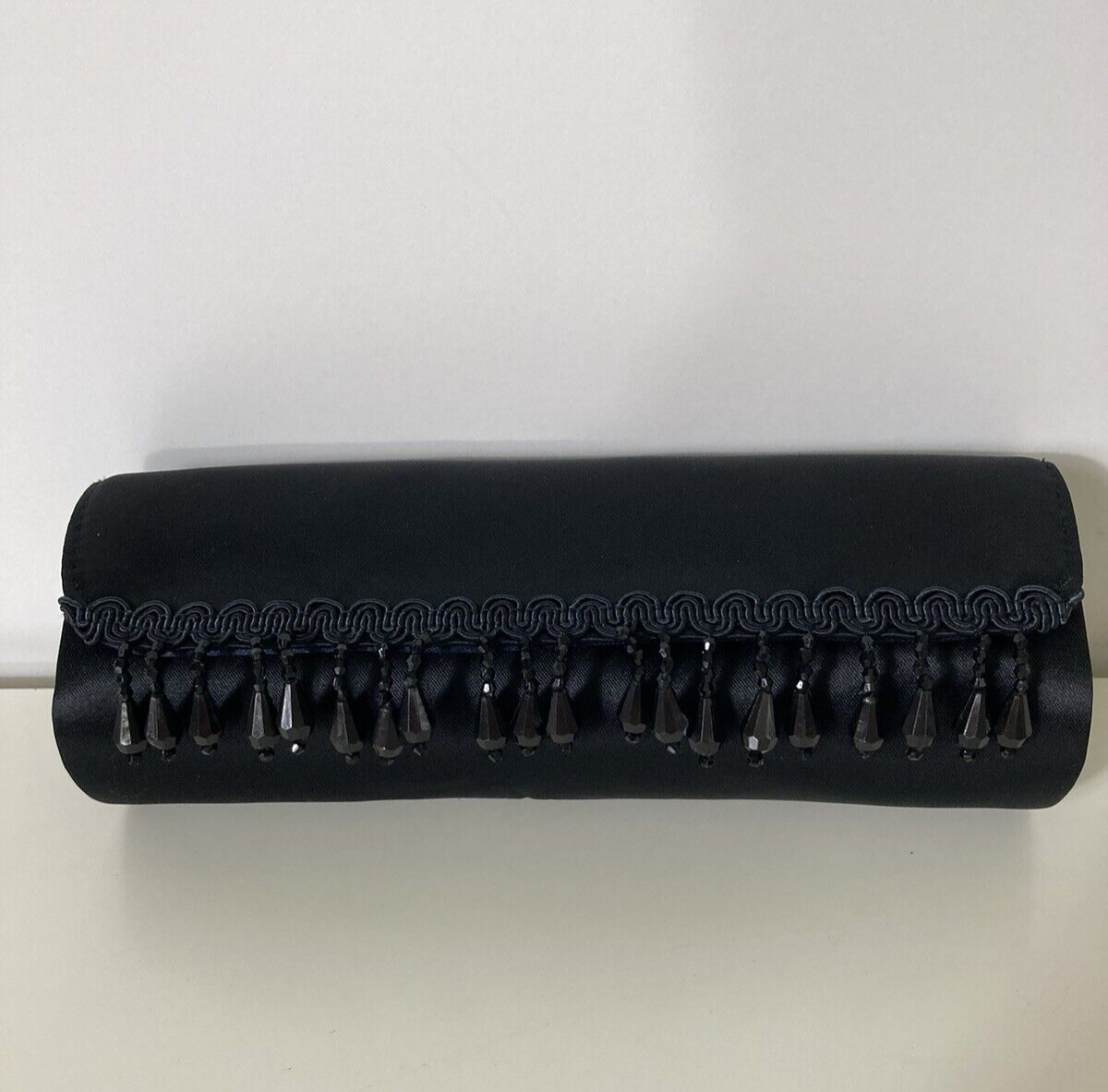 MAC Black Beaded Satin Makeup Bag Evening Clutch Cosmetic Brush Case Formal-image