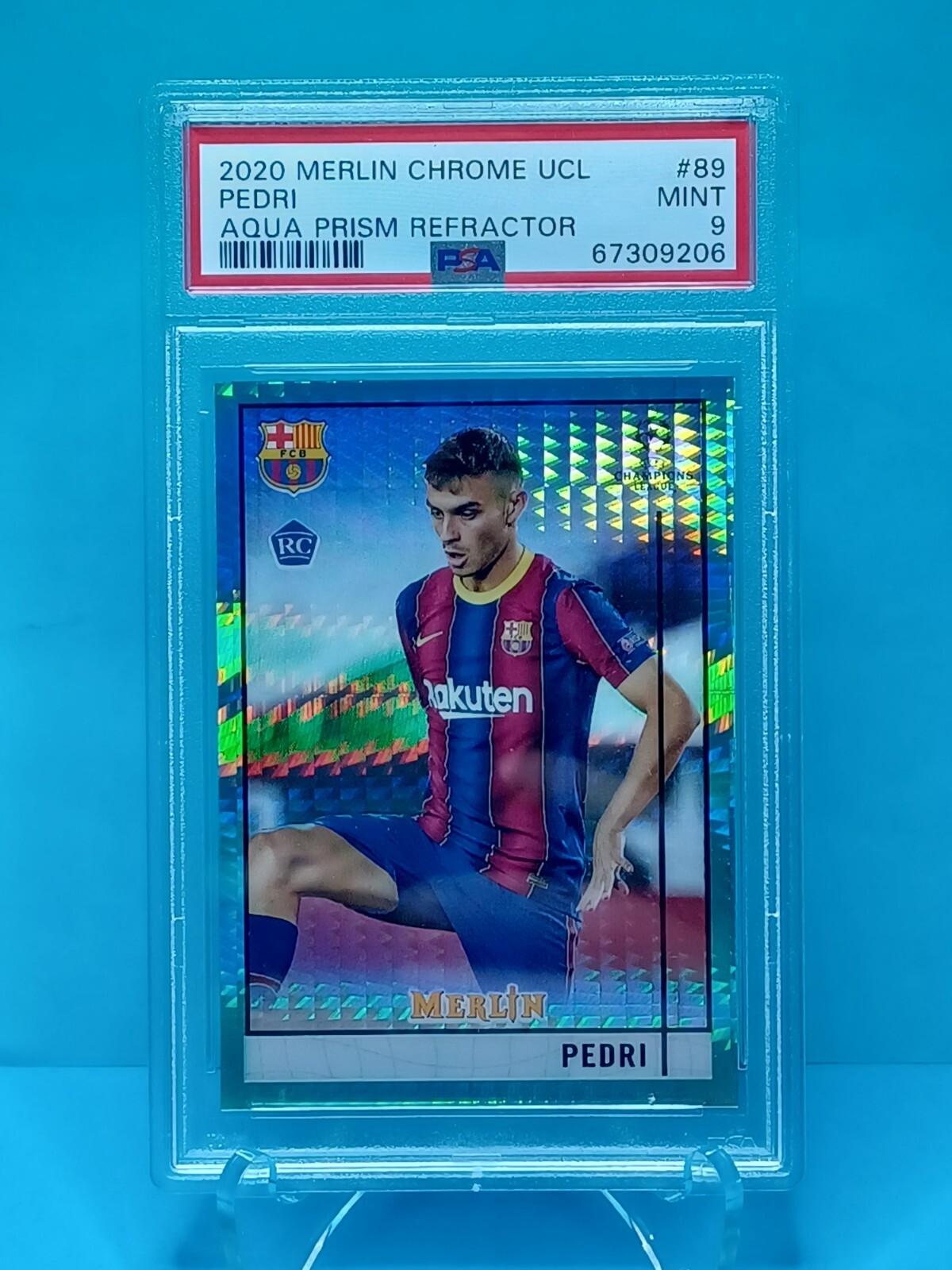 2020-21 Topps Merlin Chrome UCL Pedri RC Aqua Prism Refractor PSA 9 MINT
