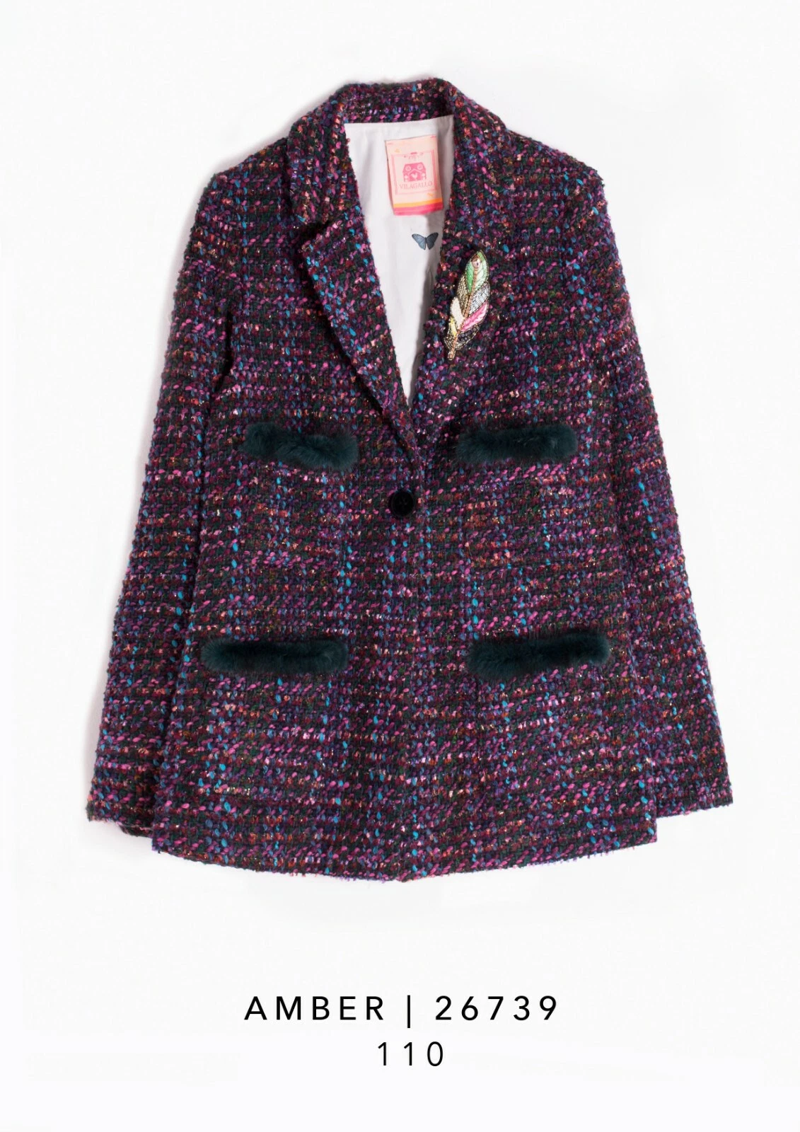 Giacca Cappotto Vilagallo Pelliccia d'Ambra Viola Cappotto Nero Madeline Chanel Foglia Portogallo Nuova