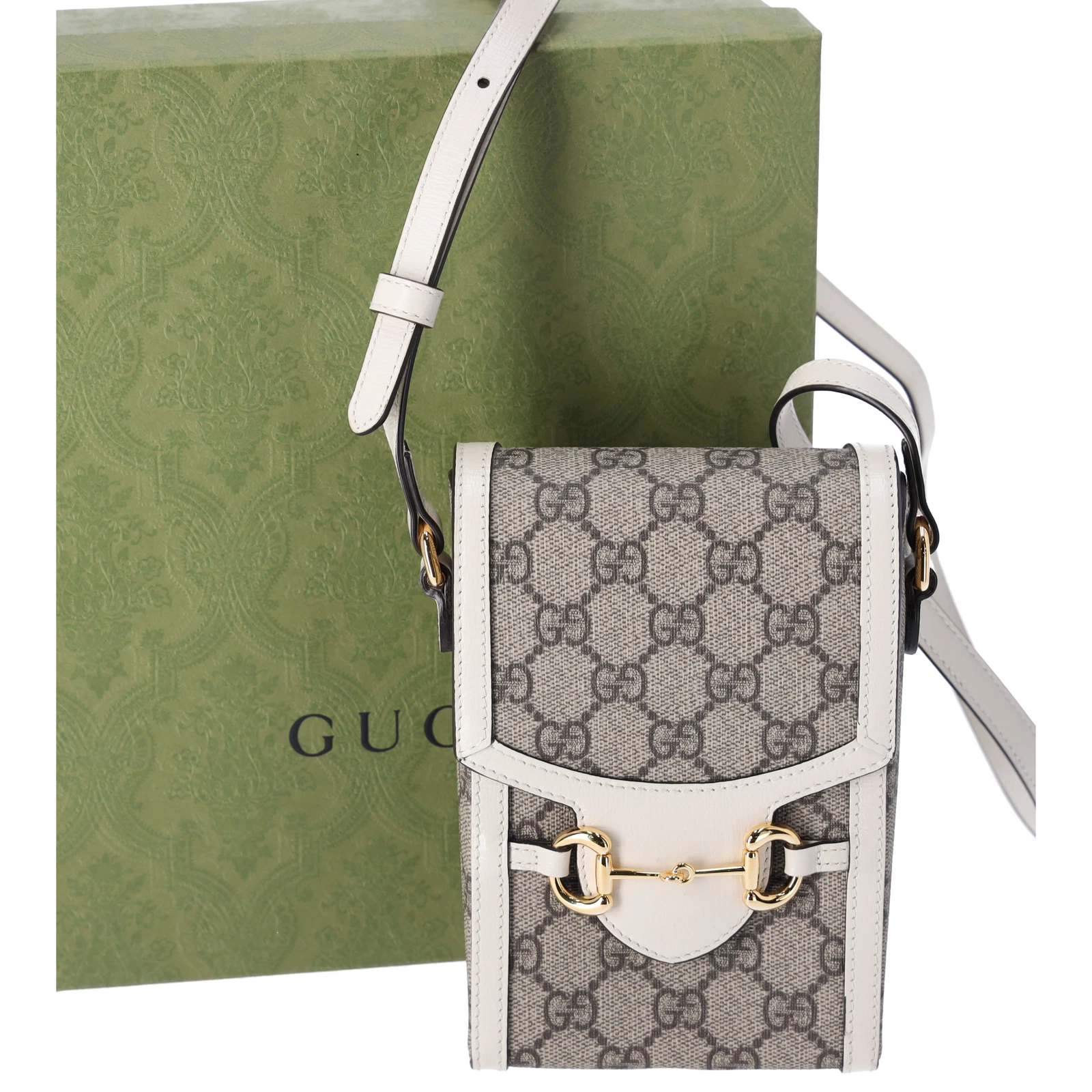 Sac bandoulière téléphone GUCCI GG Supreme Mini Horsebit 1955 beige ébène