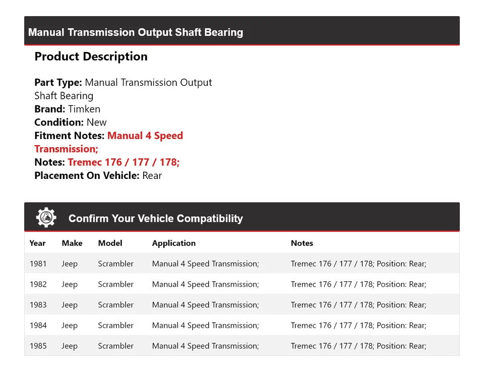 For 1981-1985 Jeep Scrambler Manual Trans Output Shaft Bearing Rear Timken 1982 - Image 2 of 4