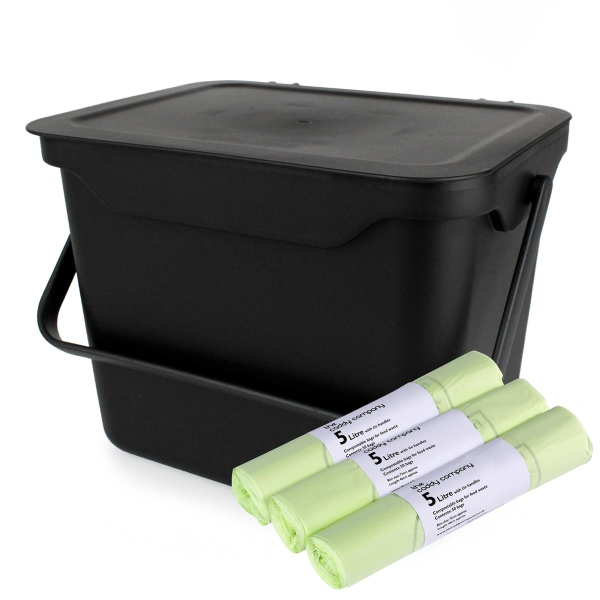 5L Black Kitchen Compost Caddy/Food Waste Bin &150 x Litre Compostable  Bags
