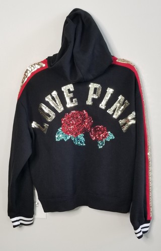 VICTORIA’S SECRET PINK LACE UP HOODIE LOVE PINK ROSES SEQUIN BLING Pocket SZ. M - Picture 5 of 5
