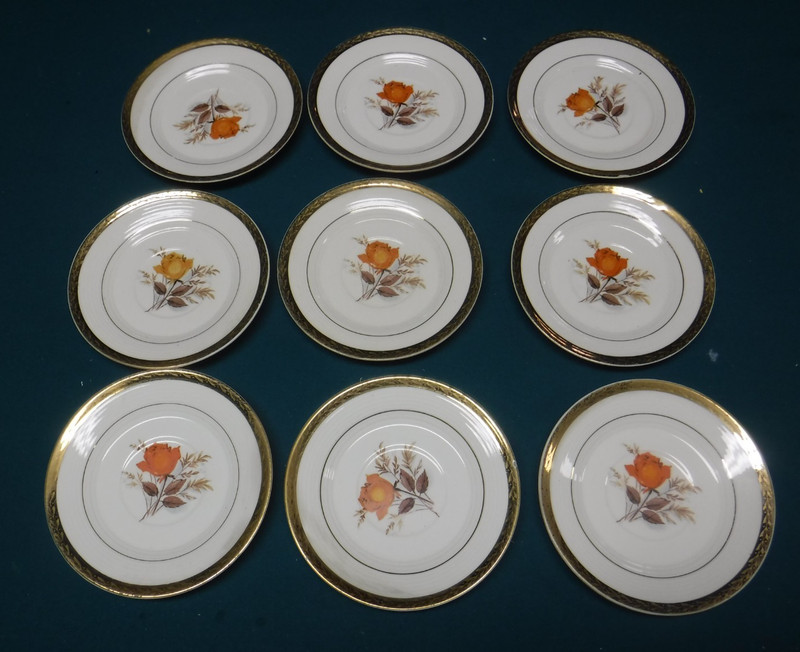 Vermillion Rose Limoges Saucer 22K Pattern Set Of 9  Vintage Triumph American