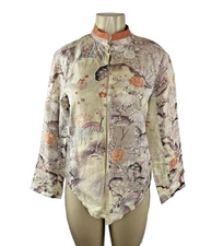 Citron Santa Monica Top Size M Ramie Linen Mandarin Collar Shirt Floral Pockets