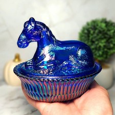 Cobalt Blue Carnival Glass Depression Style Horse Nest Candy Dish, Vintage Style