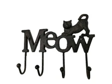 Antique and Vintage Animal Collection 6" Cast Iron Cat Meow Four Key Hooks Ke...