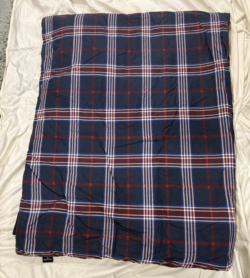 Plaid Twin Size Comforter Nautica Navy Blue Red Reversible 100% Cotton Blanket - Image 2 of 4