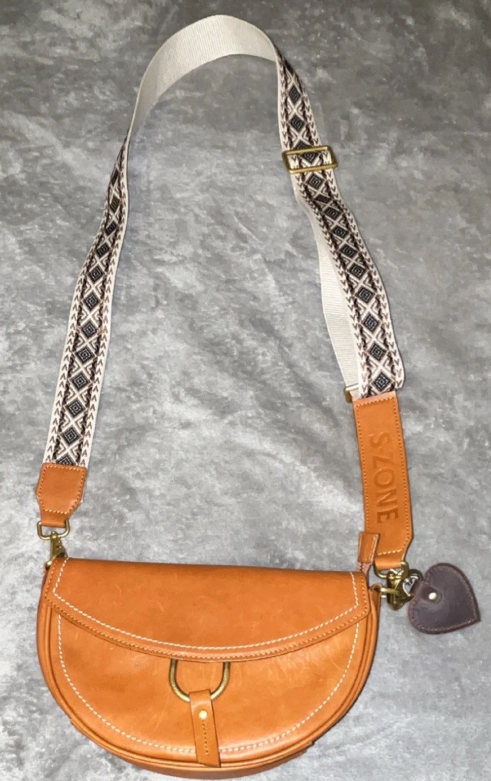S-ZONE Leather Semi-Circle Crossbody Bag Heart Charm Embroid