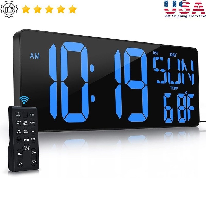HD LED Digital Wall Clock Auto Dimming Timer Snooze Remote Control Gift New