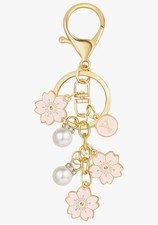 Initial Keychain White/Pink Flower Charms for Key Cute Pearl Letter Keyring
