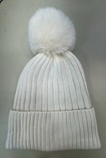 NWT Ribbed Ivory Beanie Hat W/Metallic Thread Faux Fur Pom Pom Free Ship
