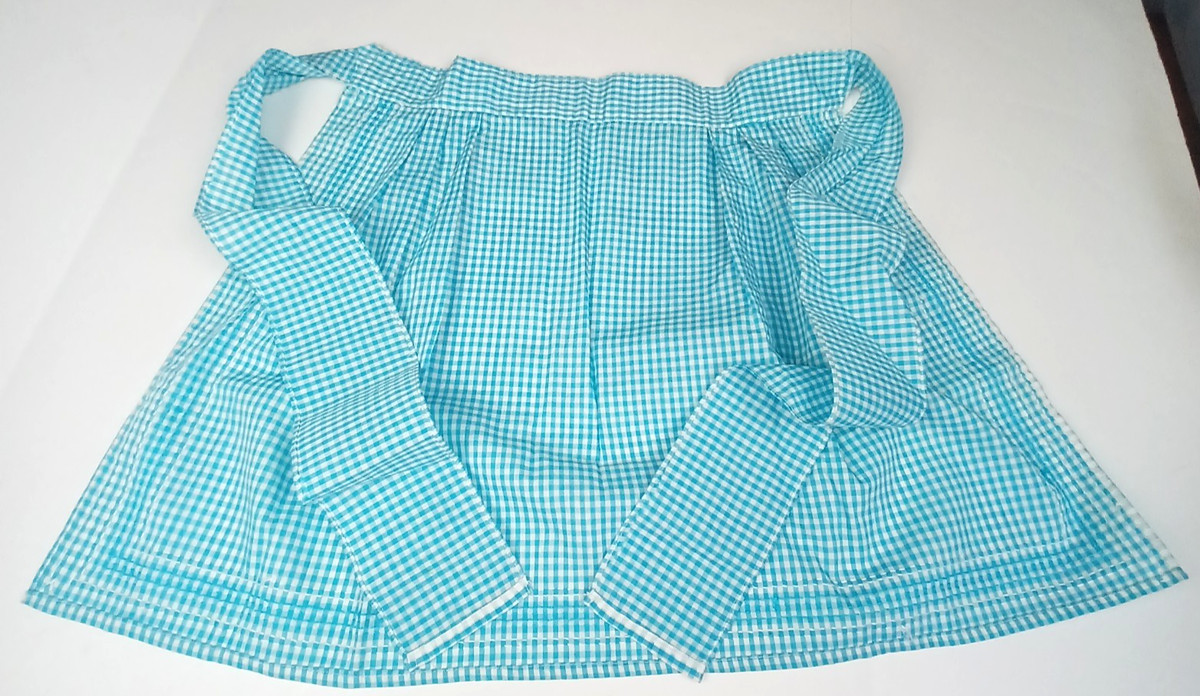 Vintage Blue White Gingham Half Apron Hand Embroidered w/pocket Tie Waist View 2