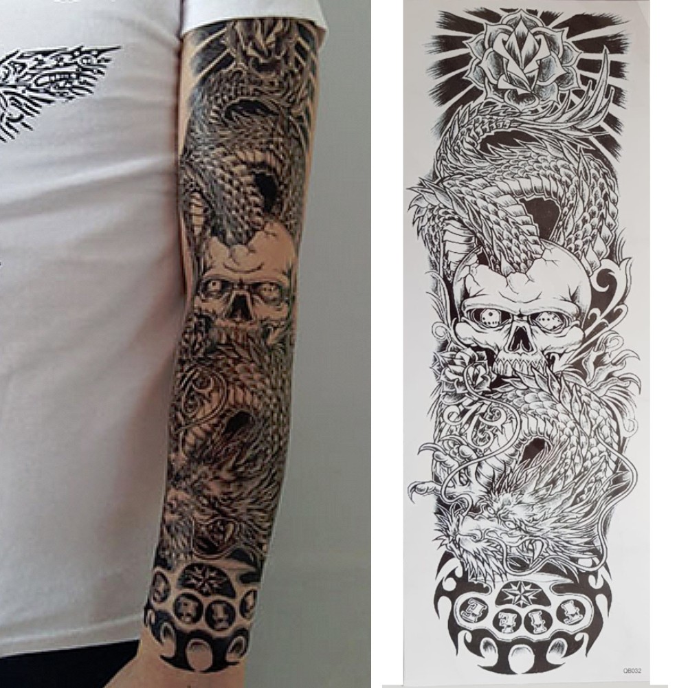 JUSTFOX Temporäres Tattoo – Totenkopf Mit Rosen & Federn, Wasserfest, Für Festivals & Strand