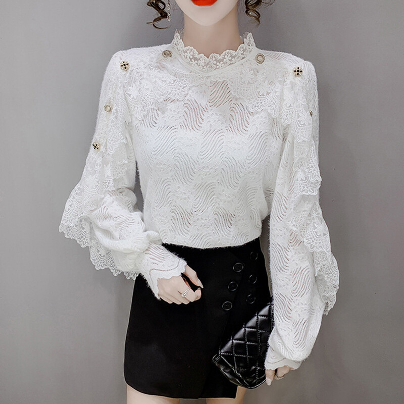 Lady Lace Button Blouse Top T Shirt Pullover Long Puff