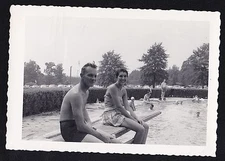 Antique Photograph Shirtless Man  & Women in Bathing Suits Sitting Diving Board
