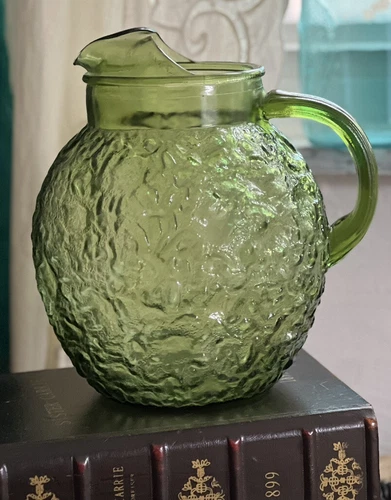 VTG Anchor Hocking Crinkle Glass Ball Pitcher Lido Milano Avocado Green 96 oz.