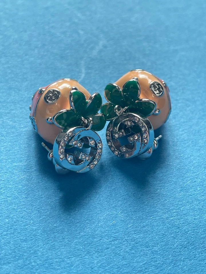 Gucci Silver GG Logo Pink Enamel Strawberry Charm Drop Earrings - Image 3 of 4