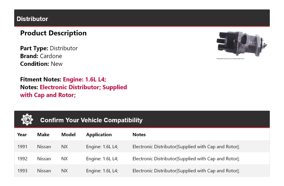 Nissan NX 1991-1993 1,6 L L4 distribuidor Cardone 1992 Foto 2 de 4