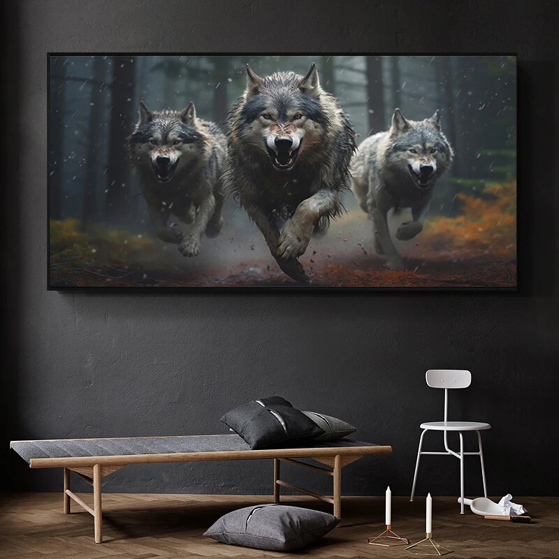 Three Wolf Running Howl Wildlife Animals Canvas Painting Prints Wall