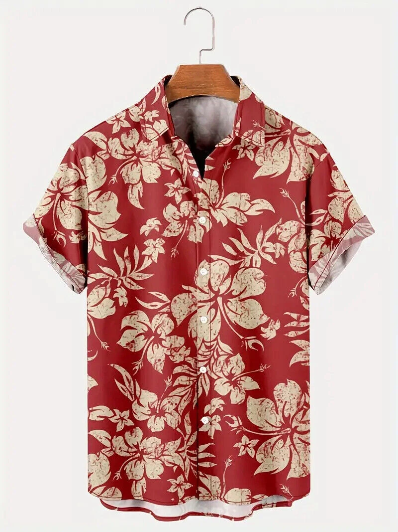 Button Up Shirts Men's Hawaiian Red Flower Floral Fashion Vacation Resort Casual