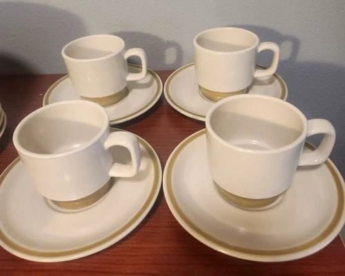 Vtg 70s Spring Bouquet Stoneware Coffee Cups with Saucers Set of 4 Japan Avocado