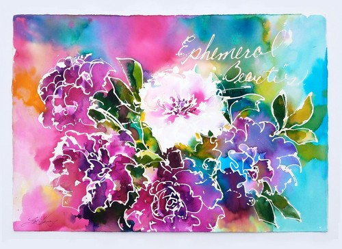 PEONIE COLORATE BATIK Linda Henry ACQUERELLO FLOREALE - ARTE CONTEMPORANEA 15"x22" - Foto 2 di 3
