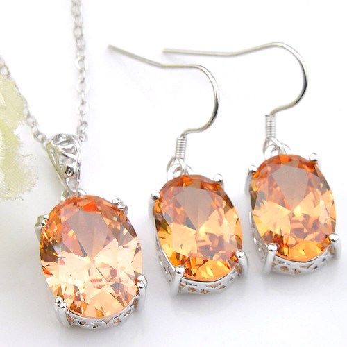 Oval Jewelry Set Natural White Topaz Silver Necklace Pendant Dangle Earrings - Picture 6 of 8