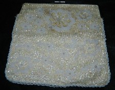 VTG Beige White Glass Beaded Sequin Flower Handbag Purse Clutch