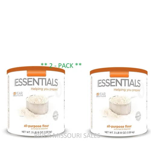 2 Pack Essentials White Flour 3lbs 8oz Large #10 Cans Emergency Long Term 25 Yr