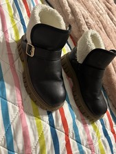 Girls' Black Faux Fur Lined Ankle Bootie with Buckle, Flat Heel