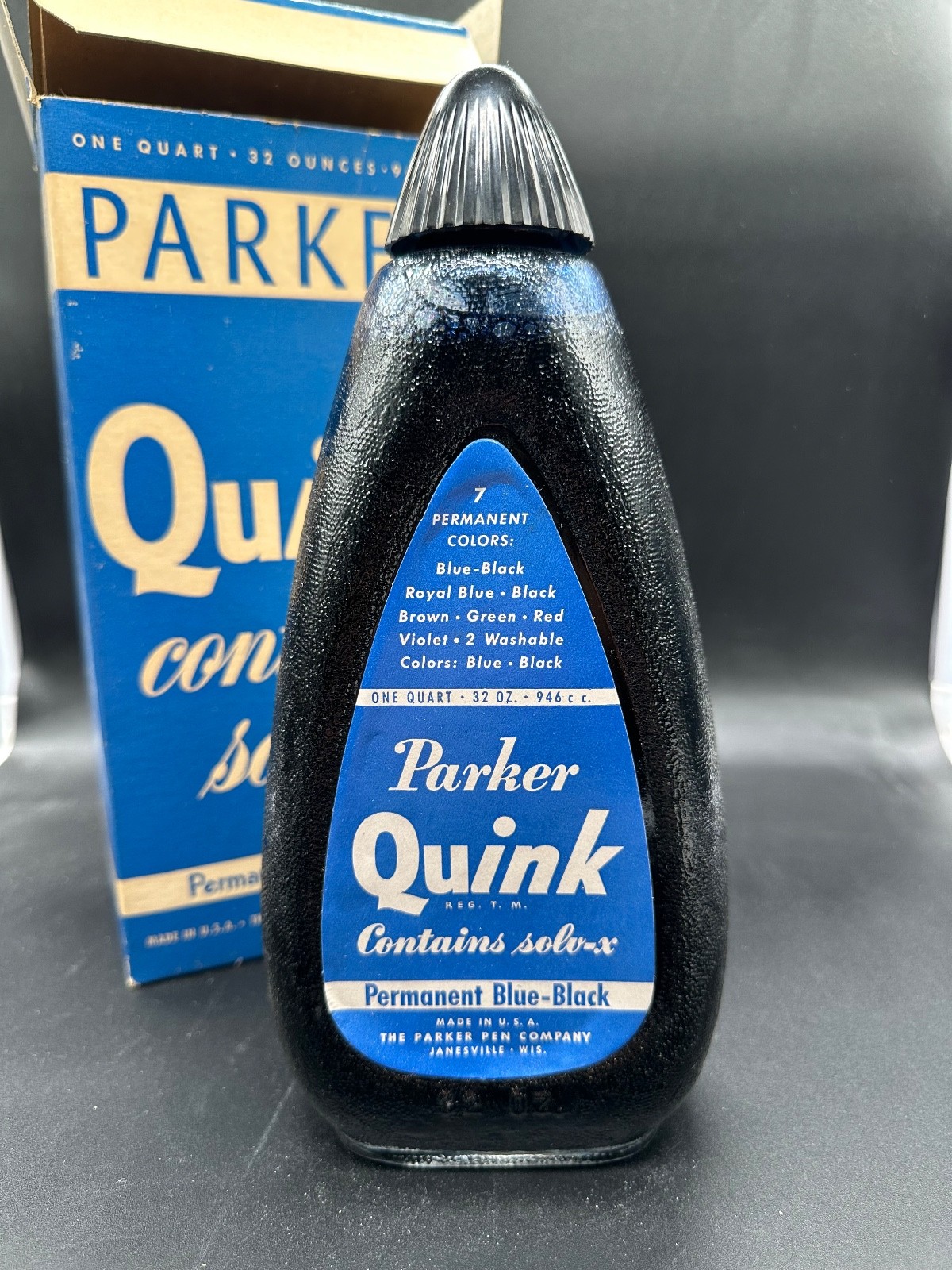 Vintage 1940s Parker Quink Permanent Blue/Black 32 Oz FULL UNOPENED w/Box RARE