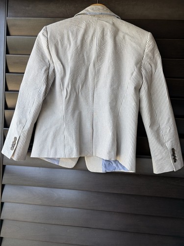 Ann Taylor Size 6 Seersucker Blazer Light Blue White Stripe 3/4 Sleeve Nautical - Picture 2 of 9