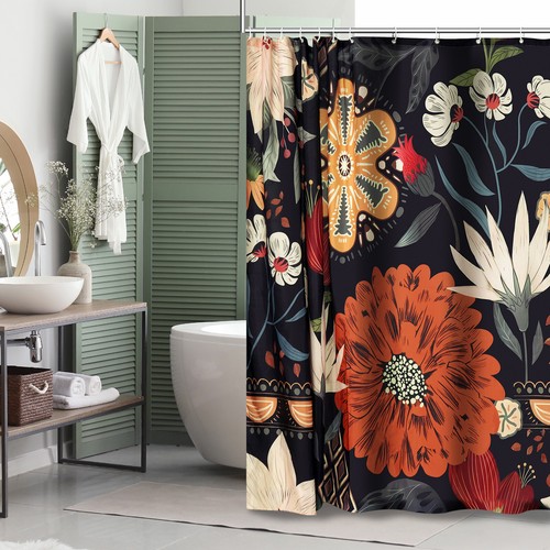 Cortina de Ducha Tela Impermeable Flores Bohemias Negro Decoración Impresiones 71x71" Hogar - Imagen 2 de 11