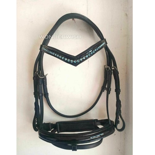 V Patent Leather Browband Noseband Bridles Blue Stone Chain Dressage in 4 Sizes. - Picture 1 of 3
