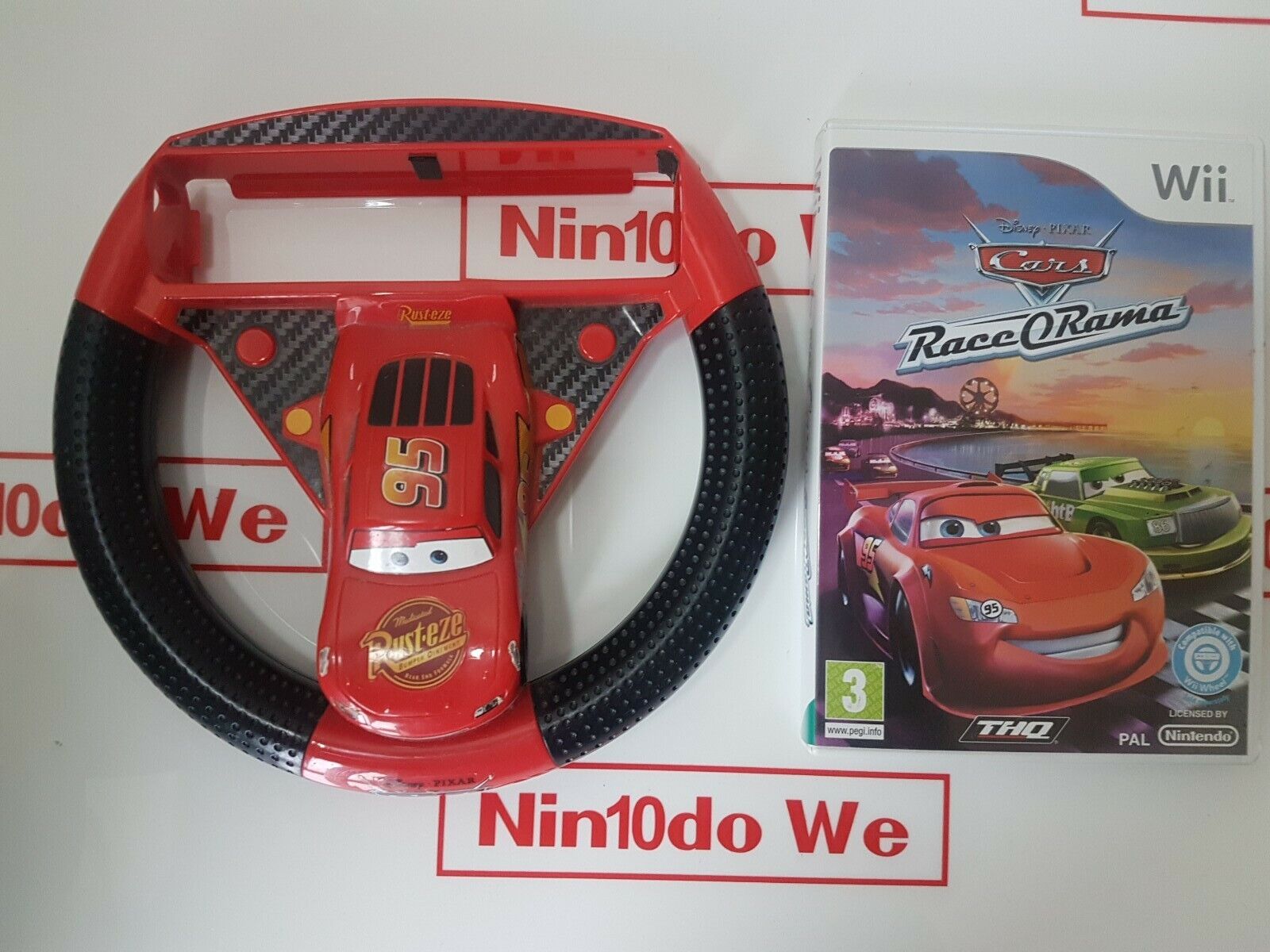 Cars Race-O-Rama Nintendo Wii + 2 Wii Wheels OEM Bundle Disney/Pixar Racing  GC