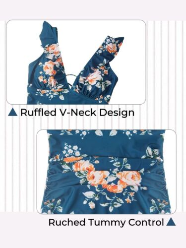 Women's Deep Blue Floral Ruffled One-Piece Swimsuit Size Large - Picture 6 of 9
