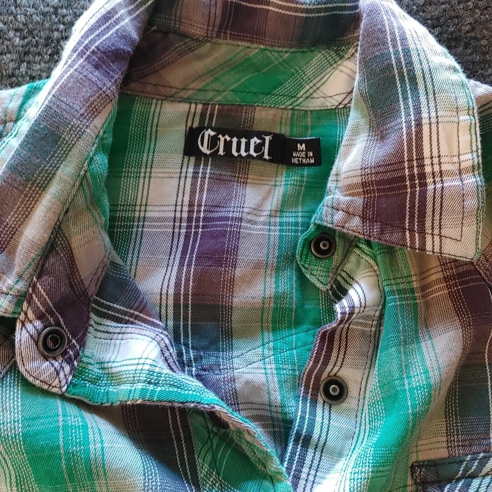 Cruel Girl Shirt Womens Medium Green Purple Plaid Western Snap Long Sleeve - Image 2 of 4