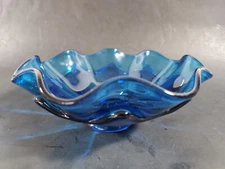 Vintage Viking Glass Double Ruffled Blue Art Glass Footed Candy Bowl 8.25" Dia.