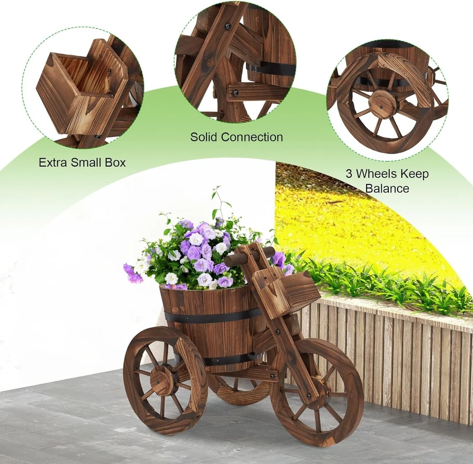 Wood Cart Garden Planter Pot w/3 Wheels Barrow Wagon Flower Barrel Outdoor Decor - Image 4 of 4