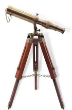 12" Brass Antique Finish Spyglass Telescope With Adjustable Wooden Tripod Stand