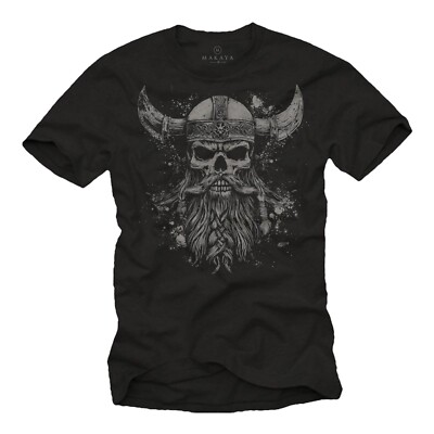 Viking T-Shirt Mens - Skull with Helmet & Beard Nordic Skull Design Viking