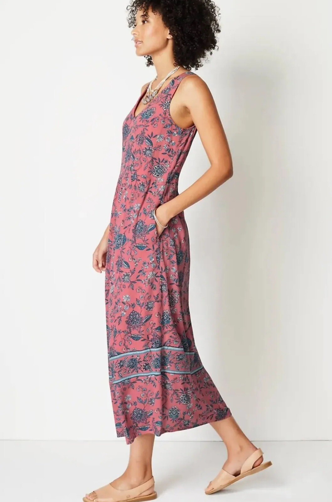 J Jill Peasant Maxi Dress Women PXL Pink Floral Cotta… Gem